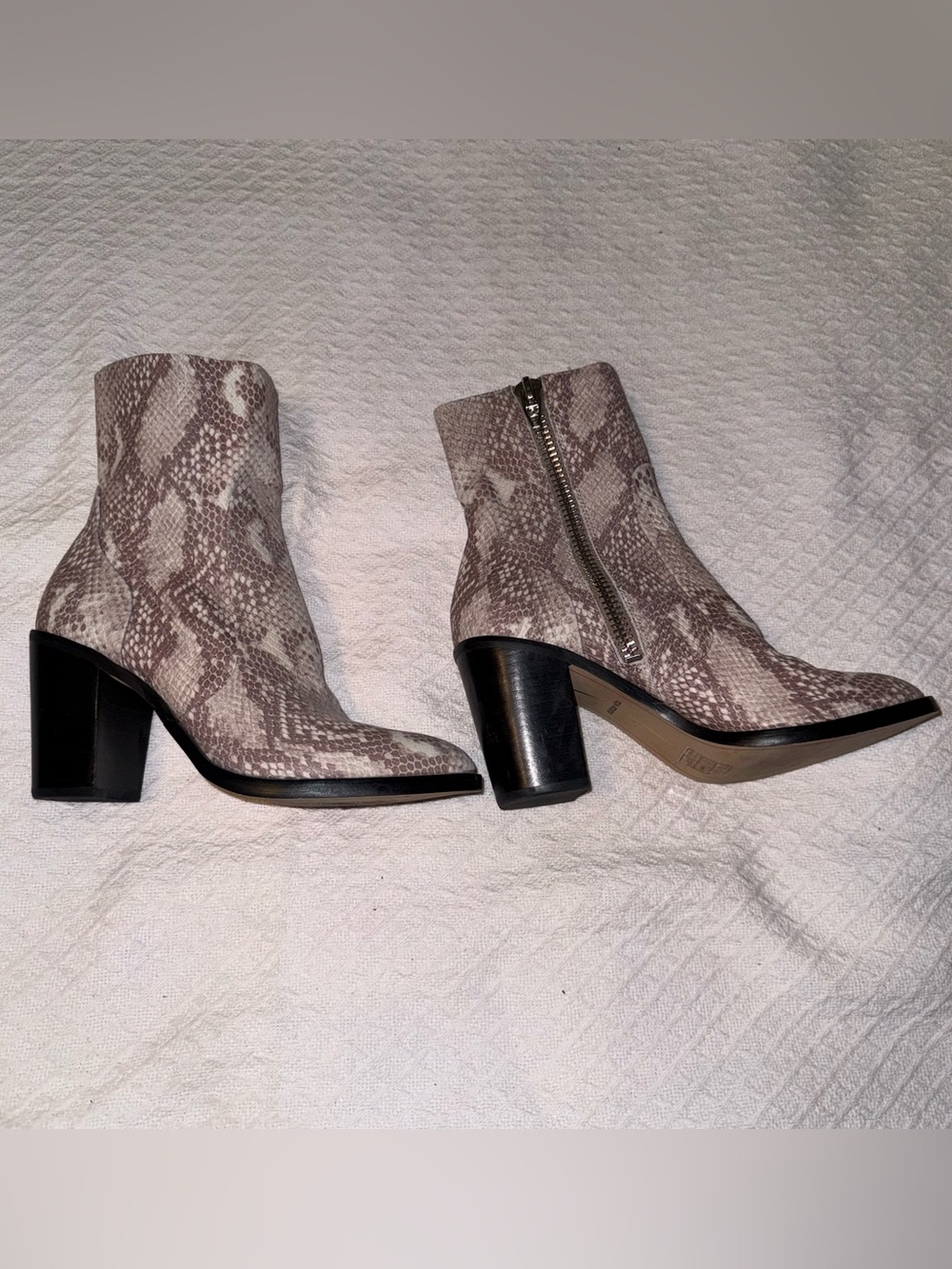 Dolce Vita Snake-Print Ankle Boots in Taupe and Cream